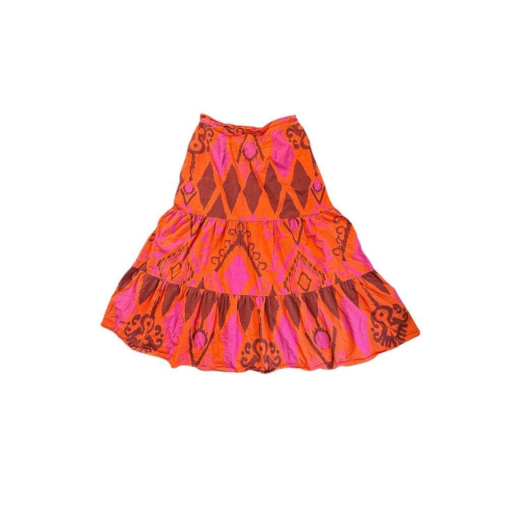 Maude Vivante Tiered Ikat Midi Skirt Womens Medium Orange Pink